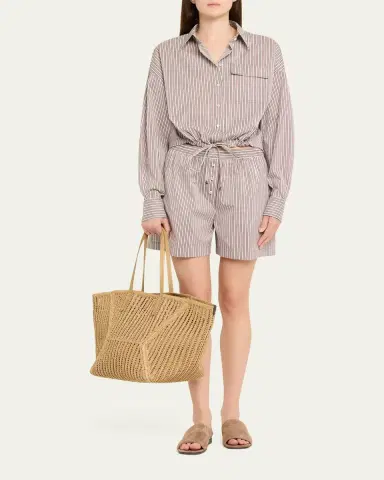 Brunello Cucinelli Striped Crispy Cotton-Silk Drawstring Button-Down Shirt | Thumbnail 2 Brunello Cucinelli Striped Crispy Cotton-Silk Drawstring Button-Down Shirt | Thumbnail 2