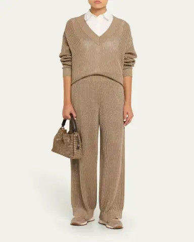 Brunello Cucinelli Metallic Cotton Rib Wide-Leg Pull-On Trousers | Thumbnail 2 Brunello Cucinelli Metallic Cotton Rib Wide-Leg Pull-On Trousers | Thumbnail 2