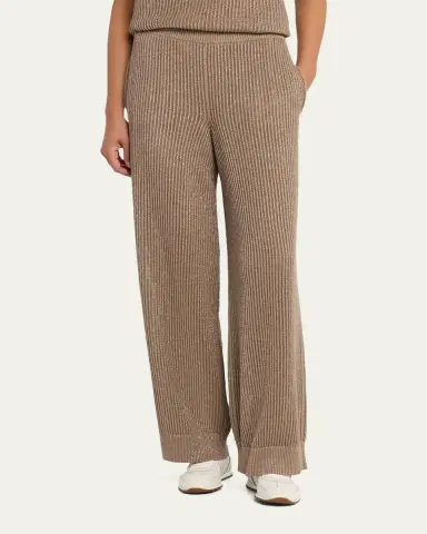 Brunello Cucinelli Metallic Cotton Rib Wide-Leg Pull-On Trousers | Thumbnail 4 Brunello Cucinelli Metallic Cotton Rib Wide-Leg Pull-On Trousers | Thumbnail 4