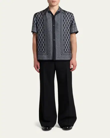 Versace Men's Silk Monogram Greca-Trim Bowling Shirt | Thumbnail 2 Versace Men's Silk Monogram Greca-Trim Bowling Shirt | Thumbnail 2