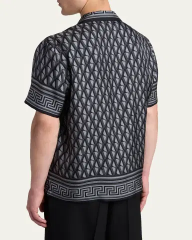 Versace Men's Silk Monogram Greca-Trim Bowling Shirt | Thumbnail 3 Versace Men's Silk Monogram Greca-Trim Bowling Shirt | Thumbnail 3