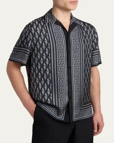Versace Men's Silk Monogram Greca-Trim Bowling Shirt | Thumbnail 4 Versace Men's Silk Monogram Greca-Trim Bowling Shirt | Thumbnail 4