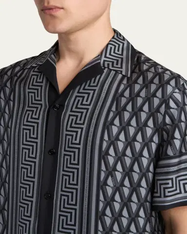 Versace Men's Silk Monogram Greca-Trim Bowling Shirt | Thumbnail 5 Versace Men's Silk Monogram Greca-Trim Bowling Shirt | Thumbnail 5