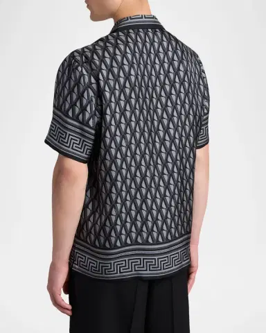 Versace Men's Silk Monogram Greca-Trim Bowling Shirt | Thumbnail 7 Versace Men's Silk Monogram Greca-Trim Bowling Shirt | Thumbnail 7