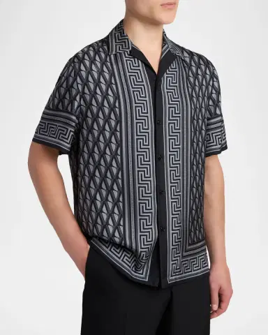 Versace Men's Silk Monogram Greca-Trim Bowling Shirt | Thumbnail 8 Versace Men's Silk Monogram Greca-Trim Bowling Shirt | Thumbnail 8
