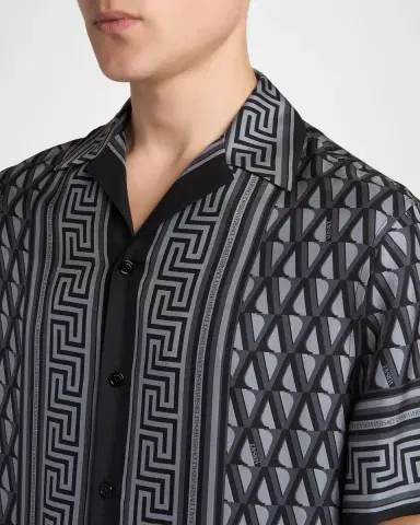Versace Men's Silk Monogram Greca-Trim Bowling Shirt | Thumbnail 9 Versace Men's Silk Monogram Greca-Trim Bowling Shirt | Thumbnail 9