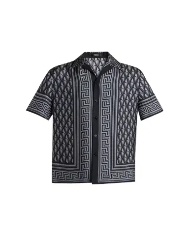 Versace Men's Silk Monogram Greca-Trim Bowling Shirt | Thumbnail 1 Versace Men's Silk Monogram Greca-Trim Bowling Shirt | Thumbnail 1