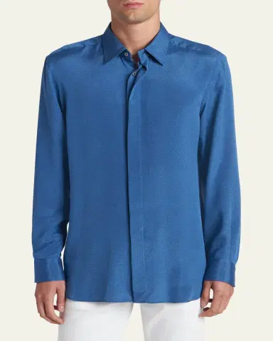 Tom Ford Men's Silk Jacquard Micro-Dot Concealed-Placket Sport Shirt | Thumbnail 4 Tom Ford Men's Silk Jacquard Micro-Dot Concealed-Placket Sport Shirt | Thumbnail 4