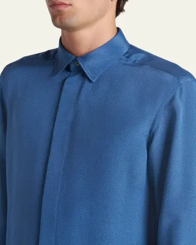 Tom Ford Men's Silk Jacquard Micro-Dot Concealed-Placket Sport Shirt | Thumbnail 5 Tom Ford Men's Silk Jacquard Micro-Dot Concealed-Placket Sport Shirt | Thumbnail 5