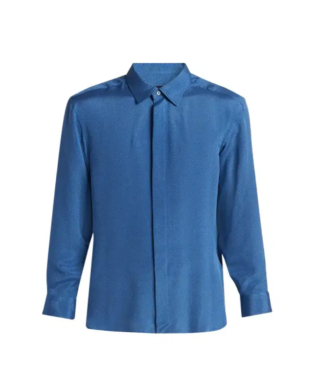 Men's Silk Jacquard Micro-Dot Concealed-Placket Sport Shirt Men's Silk Jacquard Micro-Dot Concealed-Placket Sport Shirt