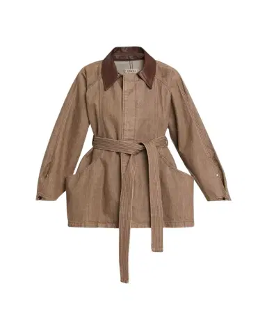 Ossou Sweep Belted Denim Jacket with Leather Collar | Thumbnail 1 Ossou Sweep Belted Denim Jacket with Leather Collar | Thumbnail 1
