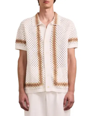 Frescobol Carioca Men's Marques Cotton Crochet Camp Shirt | Thumbnail 1 Frescobol Carioca Men's Marques Cotton Crochet Camp Shirt | Thumbnail 1