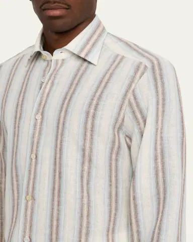 Kiton Men's Linen Blend Wide Stripe Button-Down Shirt | Thumbnail 5 Kiton Men's Linen Blend Wide Stripe Button-Down Shirt | Thumbnail 5