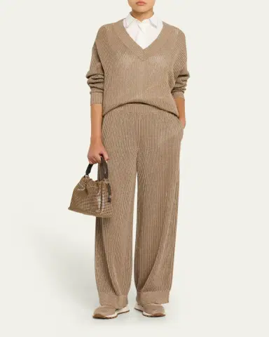 Brunello Cucinelli Metallic Open Rib V-Neck Sweater | Thumbnail 2 Brunello Cucinelli Metallic Open Rib V-Neck Sweater | Thumbnail 2
