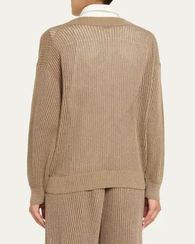 Brunello Cucinelli Metallic Open Rib V-Neck Sweater | Thumbnail 3 Brunello Cucinelli Metallic Open Rib V-Neck Sweater | Thumbnail 3