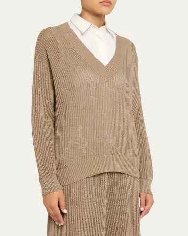 Brunello Cucinelli Metallic Open Rib V-Neck Sweater | Thumbnail 4 Brunello Cucinelli Metallic Open Rib V-Neck Sweater | Thumbnail 4