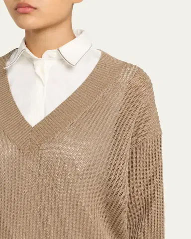 Brunello Cucinelli Metallic Open Rib V-Neck Sweater | Thumbnail 5 Brunello Cucinelli Metallic Open Rib V-Neck Sweater | Thumbnail 5