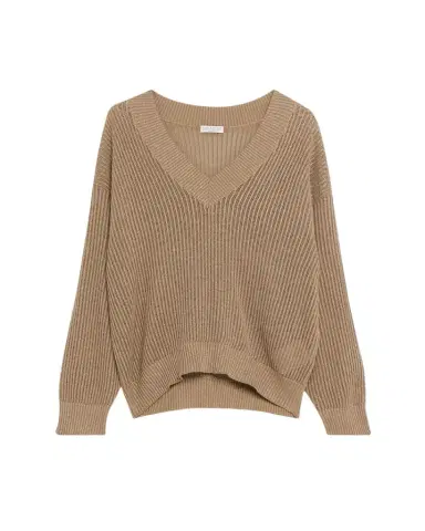 Brunello Cucinelli Metallic Open Rib V-Neck Sweater | Thumbnail 1 Brunello Cucinelli Metallic Open Rib V-Neck Sweater | Thumbnail 1