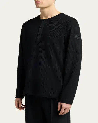 Moncler Men's Waffle Knit Long-Sleeve Henley T-Shirt | Thumbnail 4 Moncler Men's Waffle Knit Long-Sleeve Henley T-Shirt | Thumbnail 4