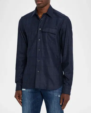 Kiton Men's Wool Windowpane Snap-Front Overshirt | Thumbnail 2 Kiton Men's Wool Windowpane Snap-Front Overshirt | Thumbnail 2