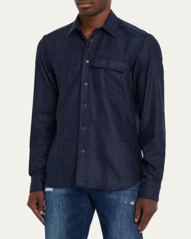 Kiton Men's Wool Windowpane Snap-Front Overshirt | Thumbnail 5 Kiton Men's Wool Windowpane Snap-Front Overshirt | Thumbnail 5