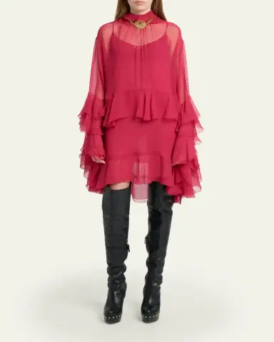 Chloé Tiered Ruffle Silk Mousseline Long-Sleeve Mini Dress | Thumbnail 2 Chloé Tiered Ruffle Silk Mousseline Long-Sleeve Mini Dress | Thumbnail 2