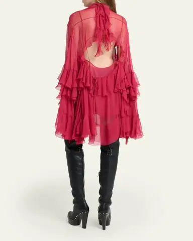 Chloé Tiered Ruffle Silk Mousseline Long-Sleeve Mini Dress | Thumbnail 3 Chloé Tiered Ruffle Silk Mousseline Long-Sleeve Mini Dress | Thumbnail 3