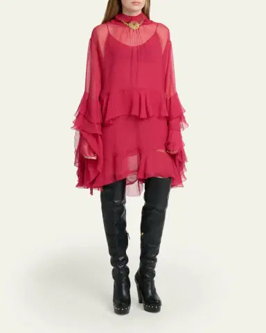 Chloé Tiered Ruffle Silk Mousseline Long-Sleeve Mini Dress | Thumbnail 4 Chloé Tiered Ruffle Silk Mousseline Long-Sleeve Mini Dress | Thumbnail 4