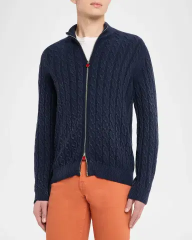 Kiton Men's Washed Cashmere Cable Knit Full-Zip Sweater | Thumbnail 3 Kiton Men's Washed Cashmere Cable Knit Full-Zip Sweater | Thumbnail 3