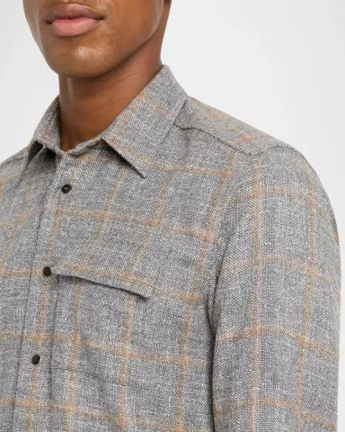 Kiton Men's Windowpane Snap-Front Overshirt | Thumbnail 4 Kiton Men's Windowpane Snap-Front Overshirt | Thumbnail 4