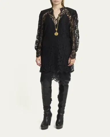 Chloé Floral Lace Strong-Shoulder Long-Sleeve Dress | Thumbnail 2 Chloé Floral Lace Strong-Shoulder Long-Sleeve Dress | Thumbnail 2