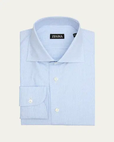 ZEGNA Men's Cotton Micro-Check Spread Collar Dress Shirt | Thumbnail 2 ZEGNA Men's Cotton Micro-Check Spread Collar Dress Shirt | Thumbnail 2
