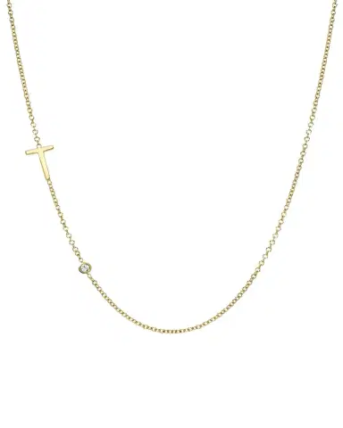 Zoe Lev Jewelry 14k Gold Asymmetrical Initial and Bezel Diamond Necklace | Thumbnail 1 Zoe Lev Jewelry 14k Gold Asymmetrical Initial and Bezel Diamond Necklace | Thumbnail 1