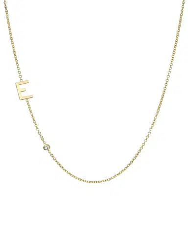 Zoe Lev Jewelry 14k Gold Asymmetrical Initial and Bezel Diamond Necklace | Thumbnail 1 Zoe Lev Jewelry 14k Gold Asymmetrical Initial and Bezel Diamond Necklace | Thumbnail 1
