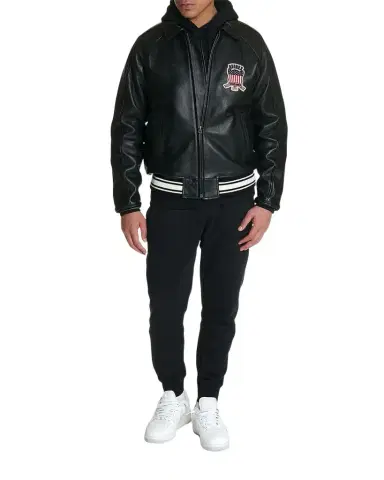 Avirex Men's Icon Logo Leather Bomber Jacket | Thumbnail 1 Avirex Men's Icon Logo Leather Bomber Jacket | Thumbnail 1