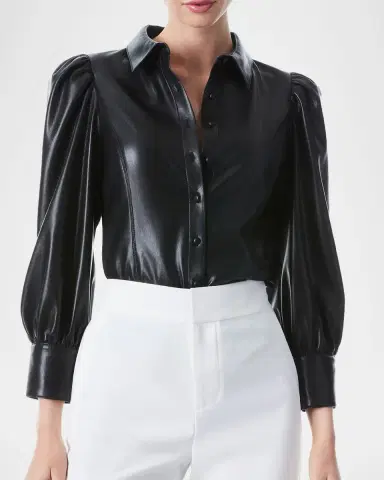 ALICE + OLIVIA Nadine Puff-Sleeve Vegan Leather Blouse | Thumbnail 3 ALICE + OLIVIA Nadine Puff-Sleeve Vegan Leather Blouse | Thumbnail 3