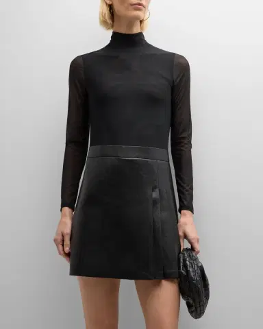 ALICE + OLIVIA Chara Long-Sleeve Vegan Leather Pleated Mini Dress | Thumbnail 3 ALICE + OLIVIA Chara Long-Sleeve Vegan Leather Pleated Mini Dress | Thumbnail 3