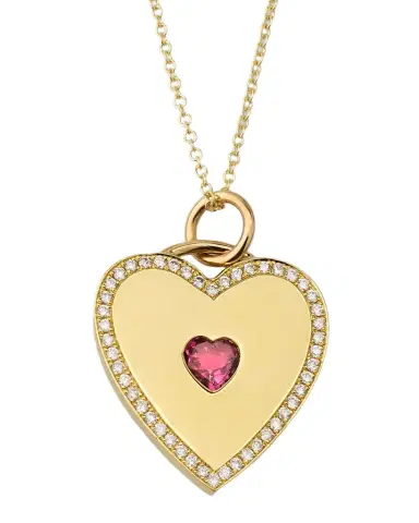 Jennifer Meyer 18K Yellow Gold Heart Pendant Necklace with Pink Tourmaline Center and Diamonds | Thumbnail 1 Jennifer Meyer 18K Yellow Gold Heart Pendant Necklace with Pink Tourmaline Center and Diamonds | Thumbnail 1