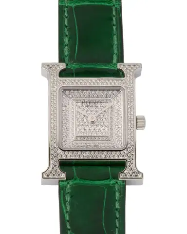 HERMÈS Heure H All Diamond Watch with Green Alligator Strap, 25 mm | Thumbnail 1 HERMÈS Heure H All Diamond Watch with Green Alligator Strap, 25 mm | Thumbnail 1