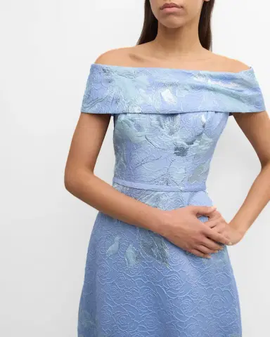 Rickie Freeman for Teri Jon Off-Shoulder Metallic Flower Jacquard Gown | Thumbnail 6 Rickie Freeman for Teri Jon Off-Shoulder Metallic Flower Jacquard Gown | Thumbnail 6