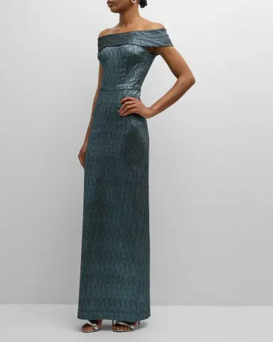 Rickie Freeman for Teri Jon Off-Shoulder Metallic Column Gown | Thumbnail 3 Rickie Freeman for Teri Jon Off-Shoulder Metallic Column Gown | Thumbnail 3