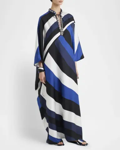 Pucci Iride-Print Crystal Neck-Tie Silk Twill Maxi Kaftan Dress | Thumbnail 2 Pucci Iride-Print Crystal Neck-Tie Silk Twill Maxi Kaftan Dress | Thumbnail 2