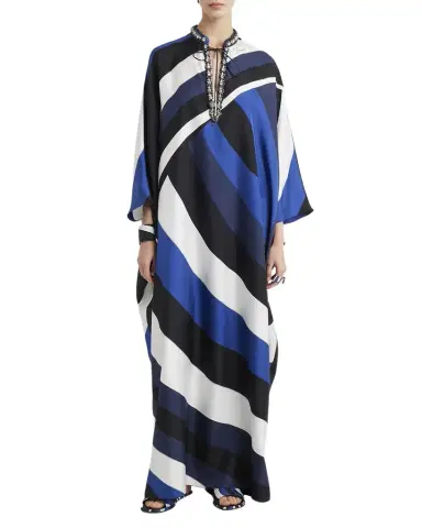Pucci Iride-Print Crystal Neck-Tie Silk Twill Maxi Kaftan Dress | Thumbnail 1 Pucci Iride-Print Crystal Neck-Tie Silk Twill Maxi Kaftan Dress | Thumbnail 1