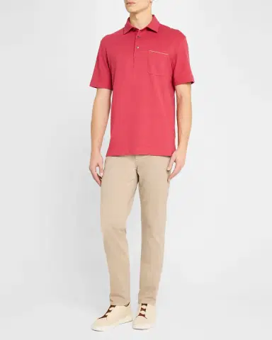 ZEGNA Men 's Pique Polo Shirt with Leather-Trim Pocket | Thumbnail 2 ZEGNA Men 's Pique Polo Shirt with Leather-Trim Pocket | Thumbnail 2