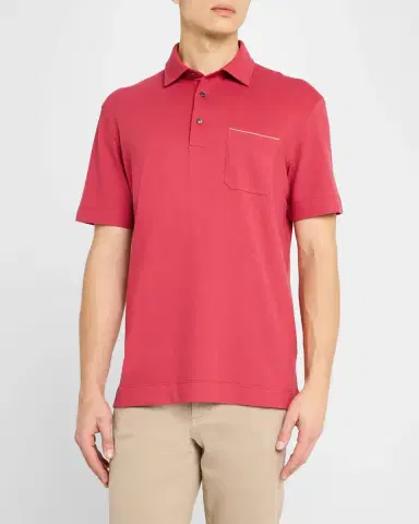 ZEGNA Men 's Pique Polo Shirt with Leather-Trim Pocket | Thumbnail 4 ZEGNA Men 's Pique Polo Shirt with Leather-Trim Pocket | Thumbnail 4