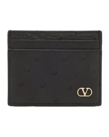 Valentino Garavani Men 's Ostrich-Effect VLogo Card Holder | Thumbnail 1 Valentino Garavani Men 's Ostrich-Effect VLogo Card Holder | Thumbnail 1