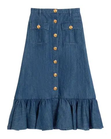 Valentino Garavani Button-Front Ruffle Denim Midi Skirt | Thumbnail 1 Valentino Garavani Button-Front Ruffle Denim Midi Skirt | Thumbnail 1