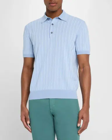 Brioni Men's Stripe Short-Sleeve Polo Sweater | Thumbnail 4 Brioni Men's Stripe Short-Sleeve Polo Sweater | Thumbnail 4
