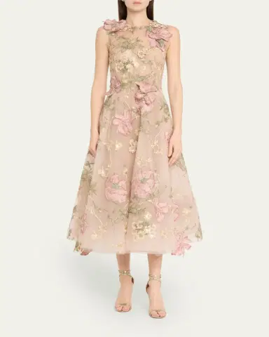 Marchesa Floral Embroidered Sleeveless Tea-Length Dress | Thumbnail 2 Marchesa Floral Embroidered Sleeveless Tea-Length Dress | Thumbnail 2