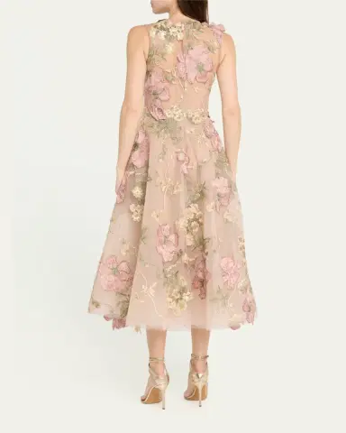 Marchesa Floral Embroidered Sleeveless Tea-Length Dress | Thumbnail 3 Marchesa Floral Embroidered Sleeveless Tea-Length Dress | Thumbnail 3